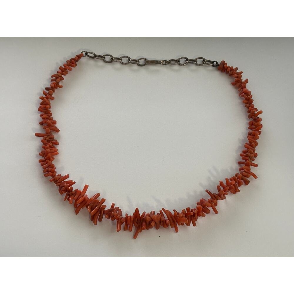 Vintage Natural Red Coral Branch Necklace Sterling Silver Chain Clasp